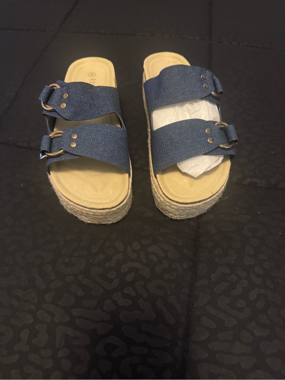 Denim Double-Buckle Platform Sandals - Blue